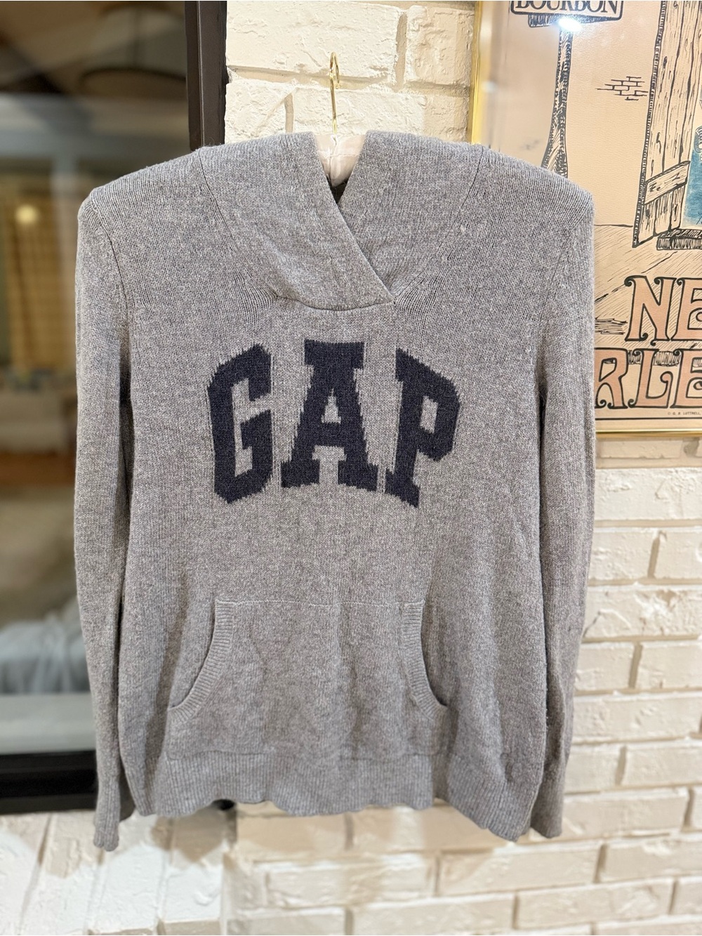 Women’s GAP Gray Knit Hooded Sweater with Navy Logo